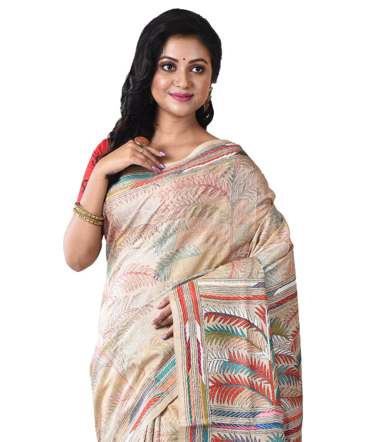 Beige hand kantha stitched bengal tussar silk saree