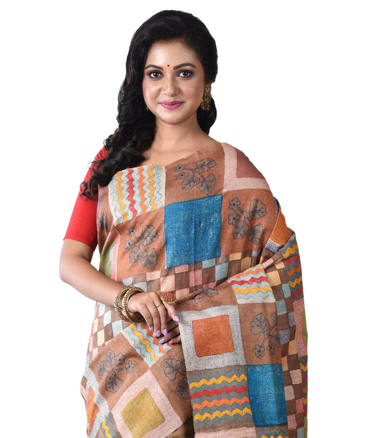 Brown multicolor hand kantha stitched tussar silk saree