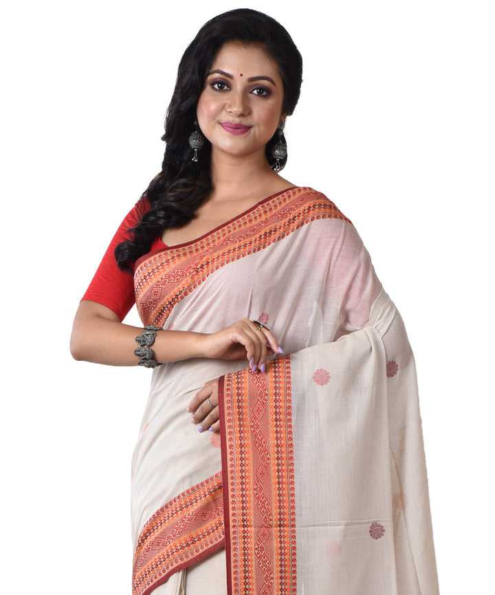 Beige orange handloom cotton shantipuri saree