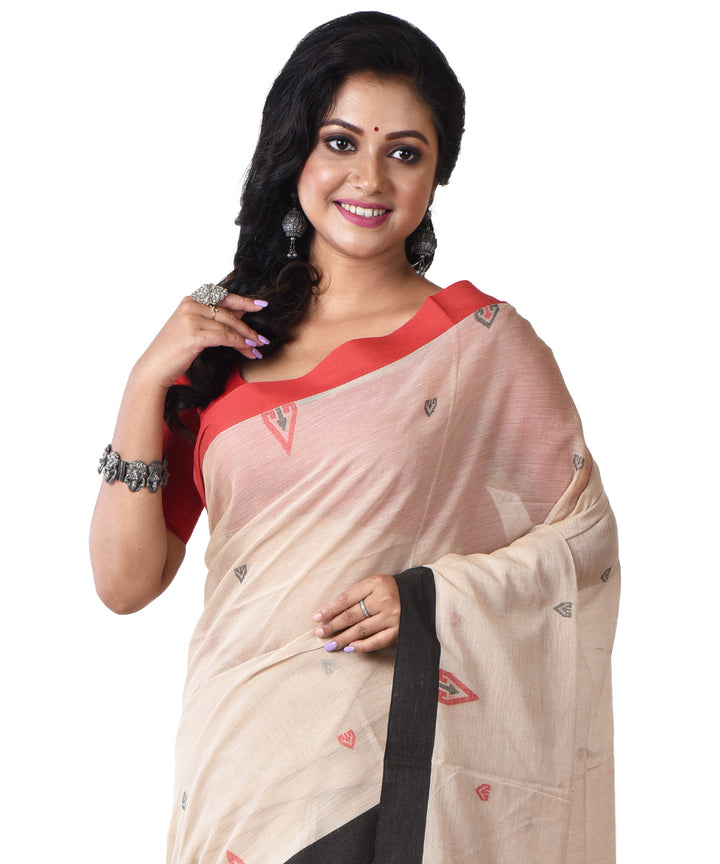 Beige black handloom cotton shantipuri saree