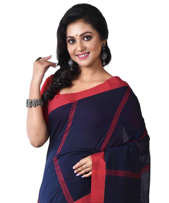 Navy blue red handloom cotton shantipuri saree