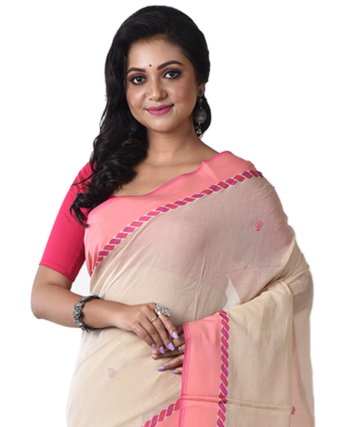 Beige pink handloom cotton shantipuri saree