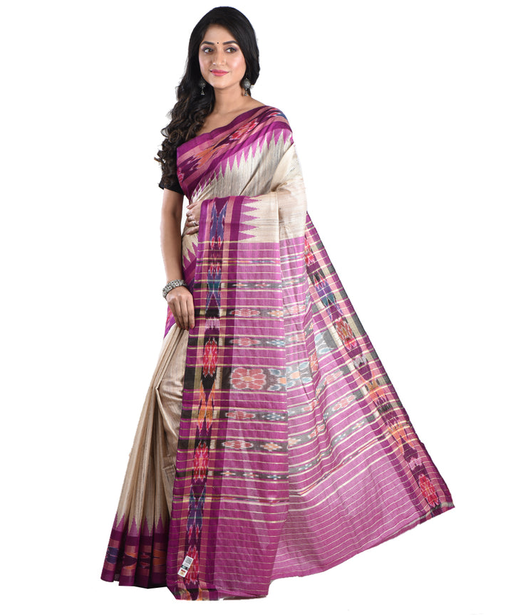 Beige purple handwoven tussar silk saree