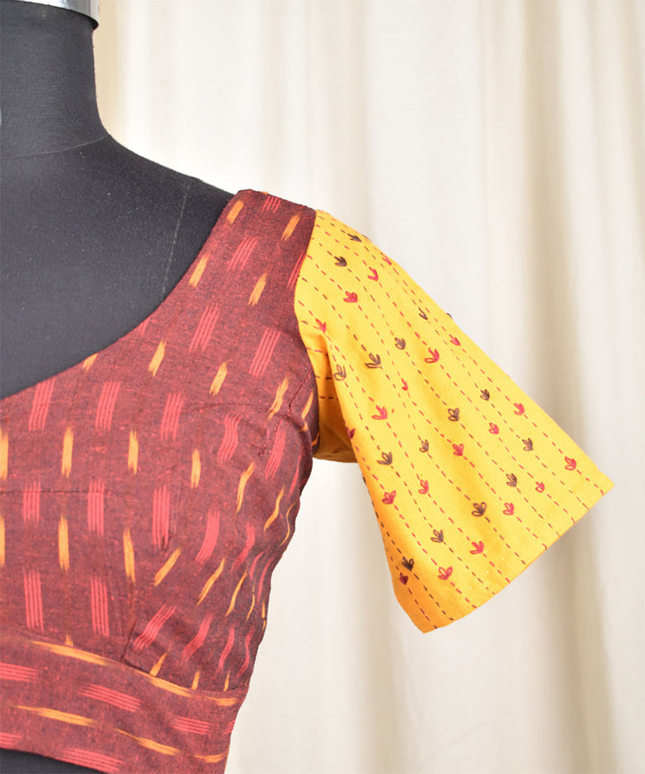Mustard maroon handwoven ikat embroidered blouse