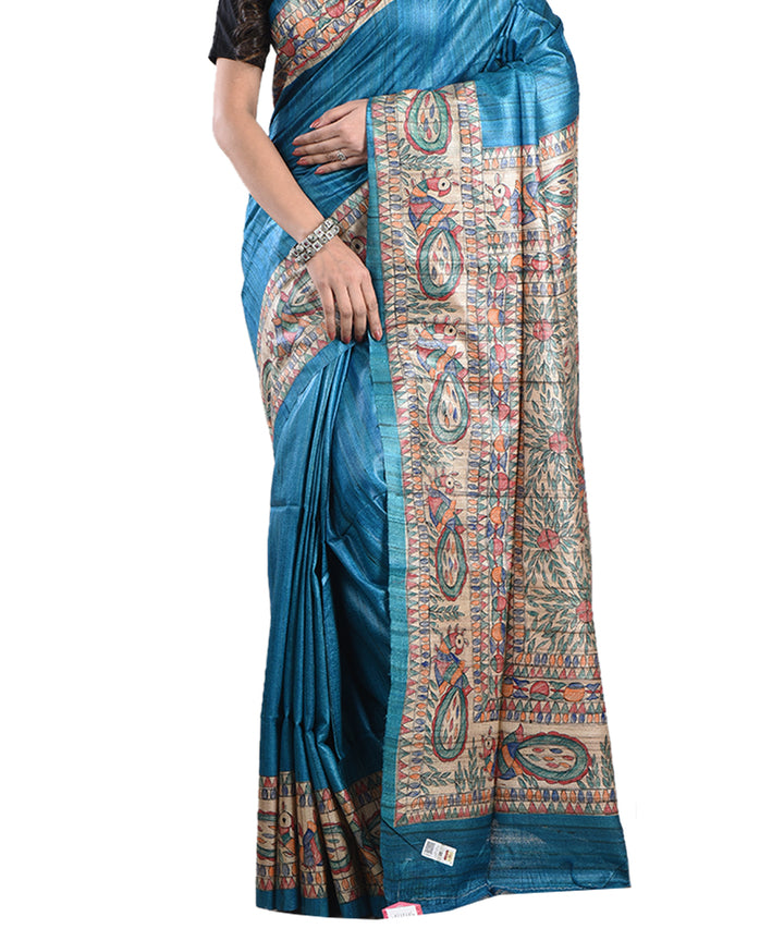 Sky blue multicolor handloom tussar silk madhubani painting saree