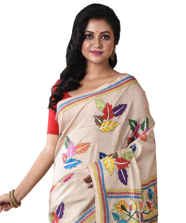 Beige multicolor silk hand kantha stitched saree