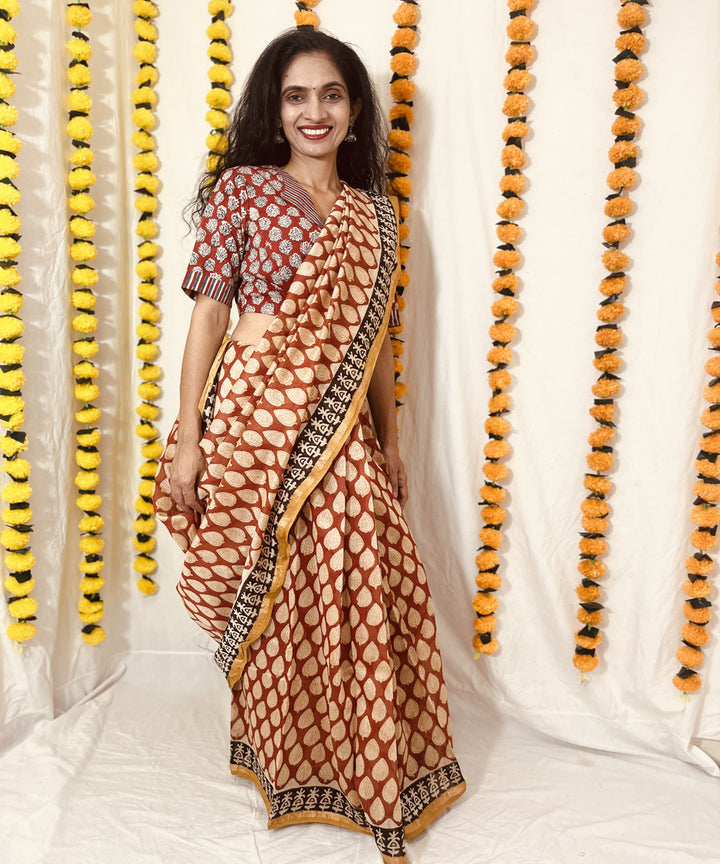 Beige red hand block bagru print chanderi sico saree