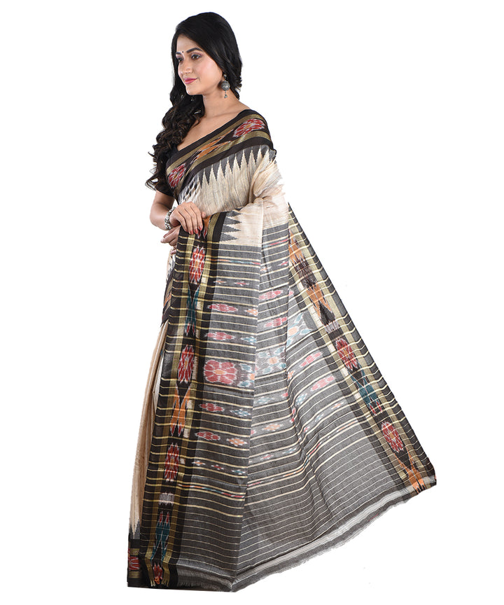 Beige black tussar silk handwoven saree