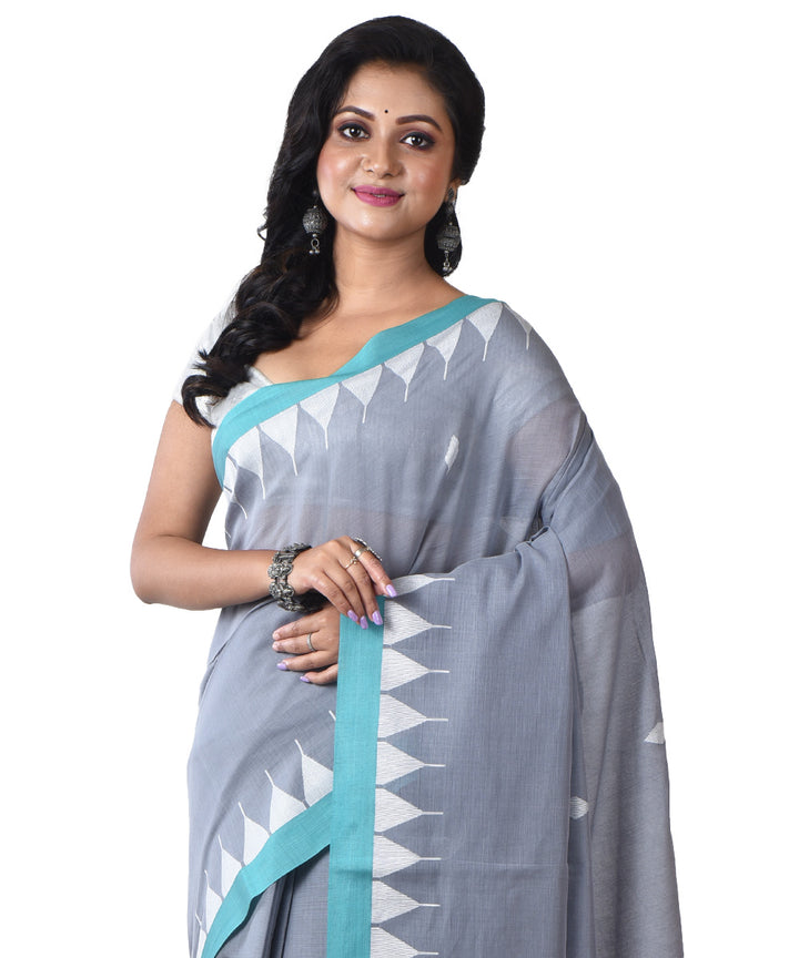 Grey cyan blue handloom cotton shantipuri saree