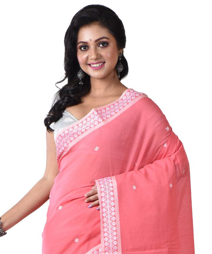 Pink white handloom cotton shantipuri saree