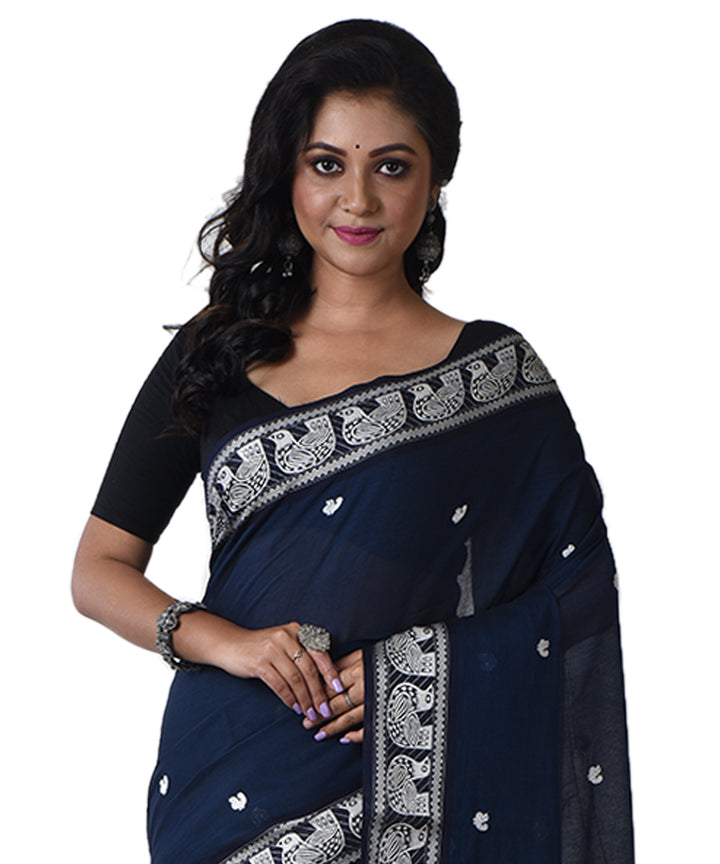 Navy blue white handloom shantipuri cotton saree