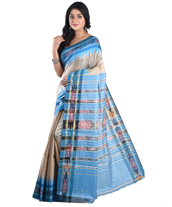 Beige cyan blue handwoven tussar silk saree