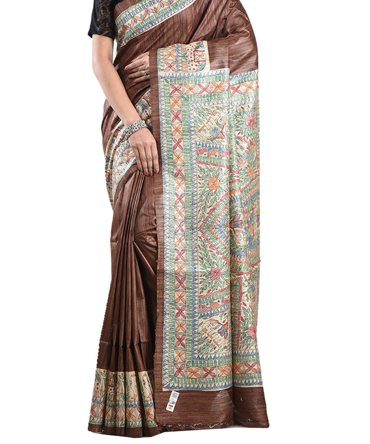 Brown multicolor handloomtussar silk madhubani painting saree