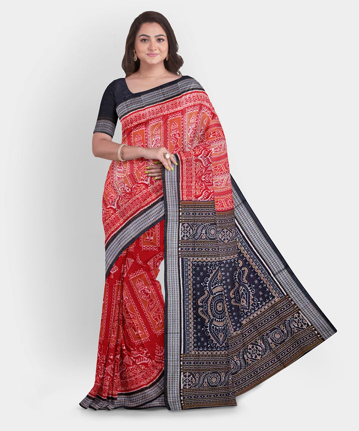 Ruby red black cotton handwoven sambalpuri saree