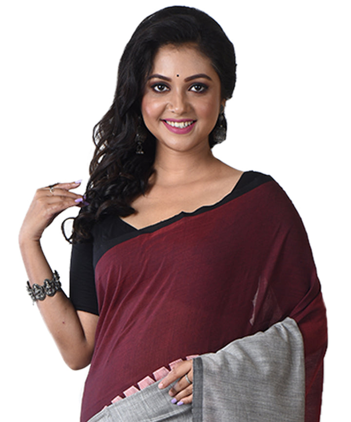 Maroon grey handloom shantipuri cotton saree