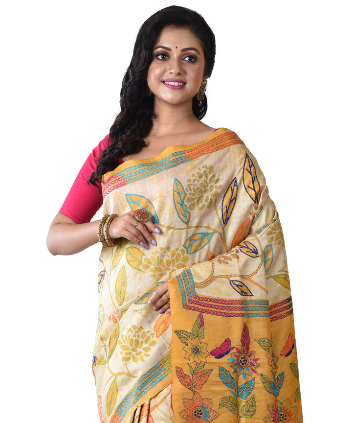 Beige mustard hand kantha stitched tussar silk saree