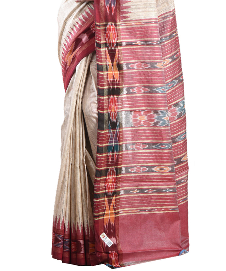 Beige red tussar silk handloom saree