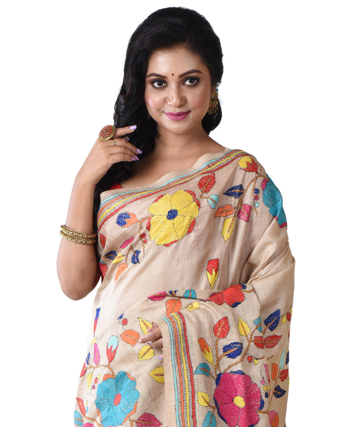 Beige multicolor flower hand kantha stitched tussar silk saree