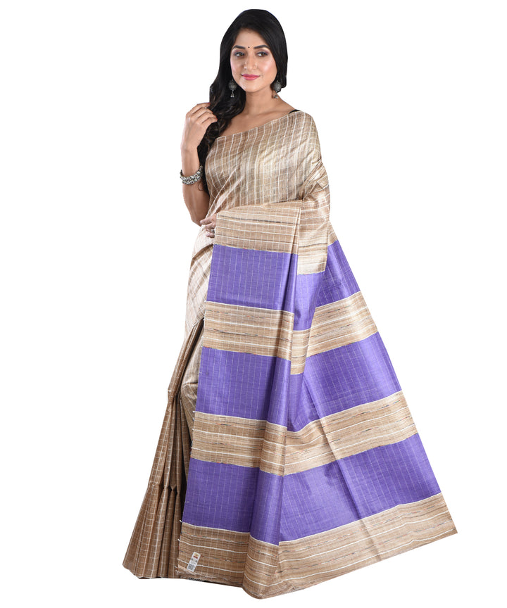 Beige violet handwoven tussar silk saree
