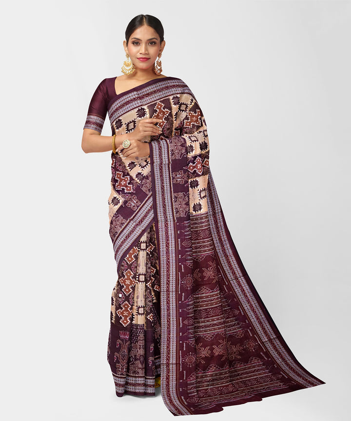 Pale taupe black cotton handwoven sambalpuri saree