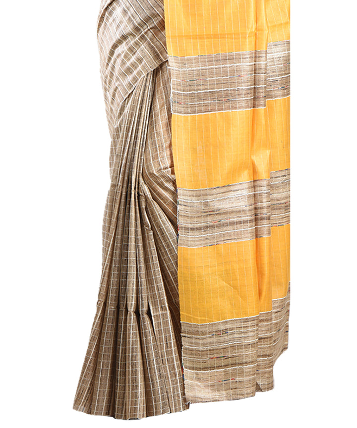 Beige yellow handwoven tussar silk saree