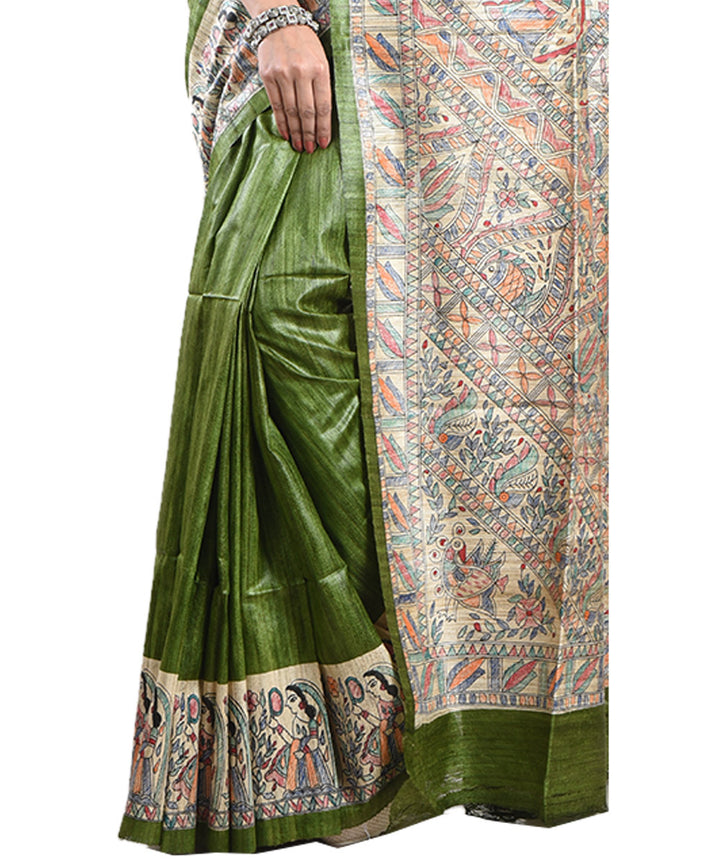 Dark green multicolor handloom tussar silk madhubani painting saree