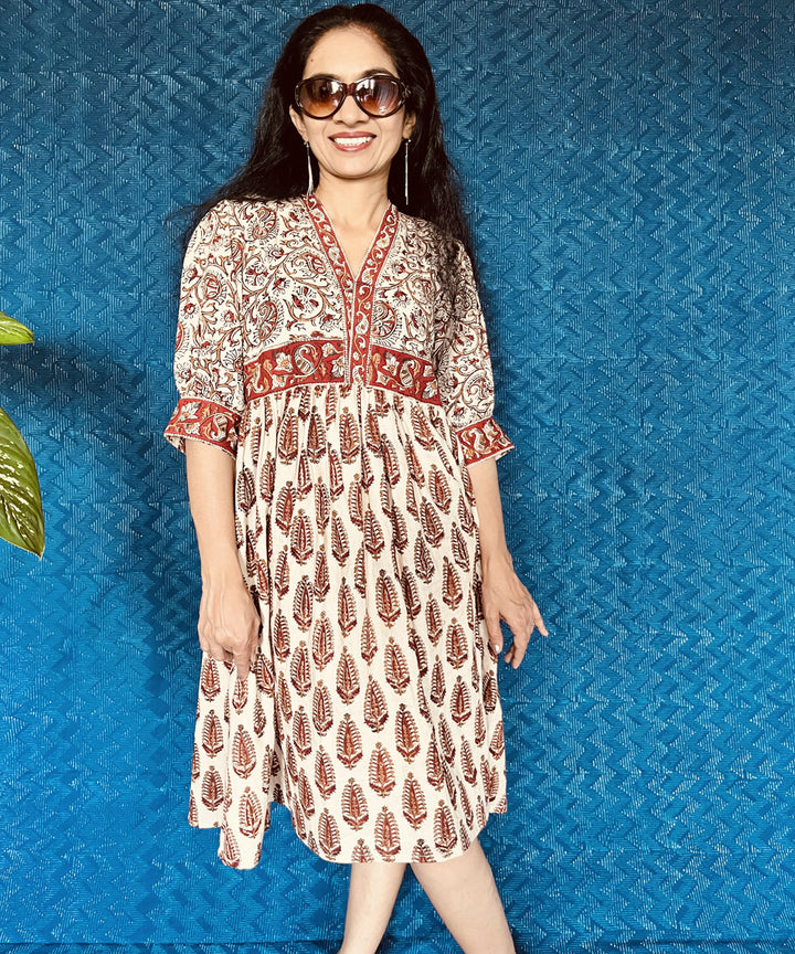 Beige red kalamkari hand block printed linen dress