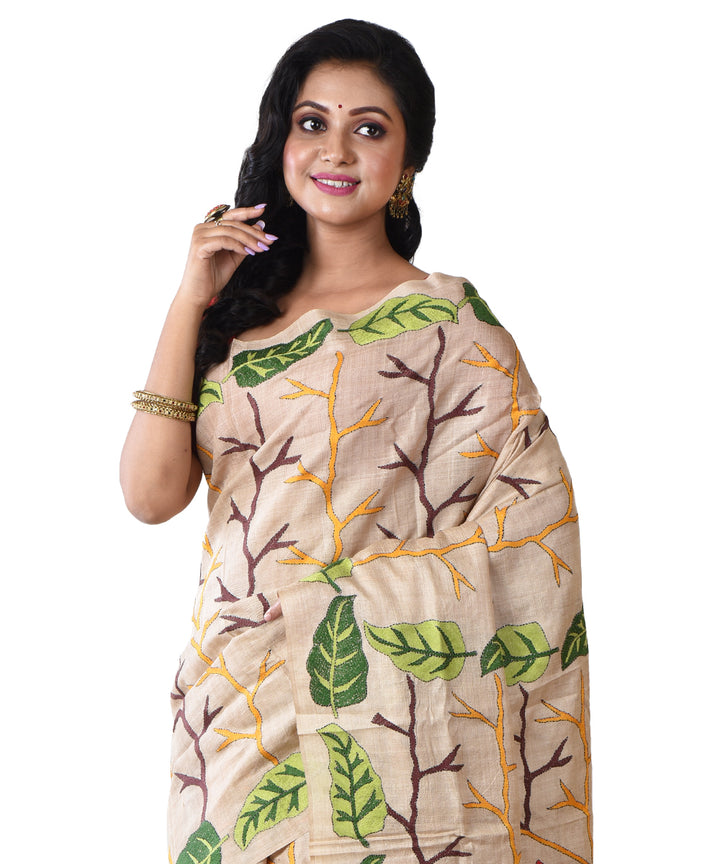 Beige light green hand kantha stitched tussar silk saree