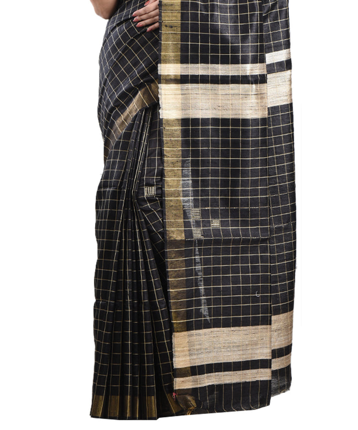 Black beige handwoven tussar silk saree