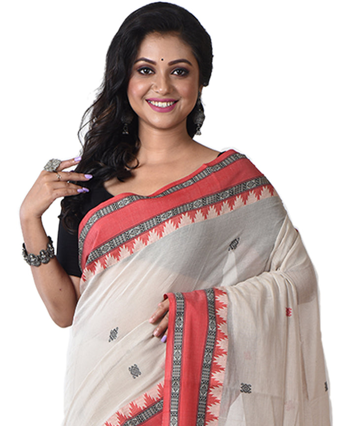 Beige red handloom cotton shantipuri saree