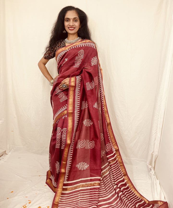 Onion pink hand block bagru print sico maheswari saree