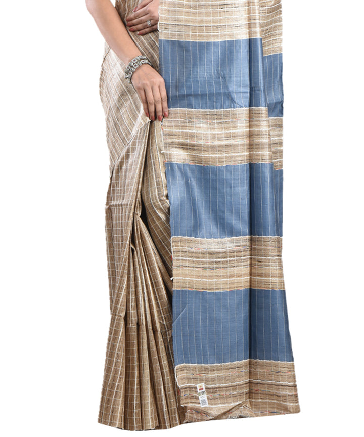 Beige grey handwoven tussar silk saree