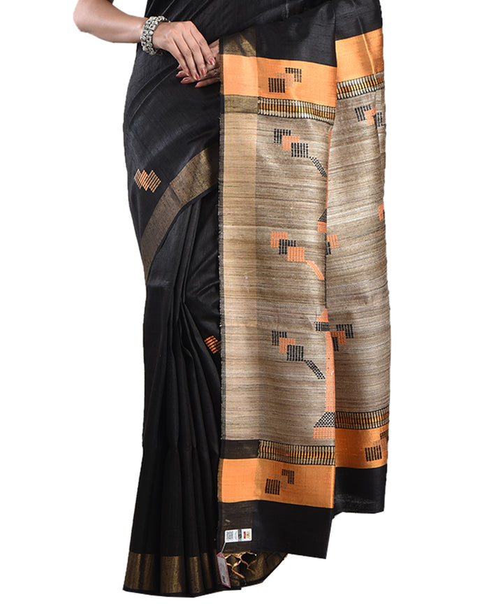 Black beige handloom tussar silk saree