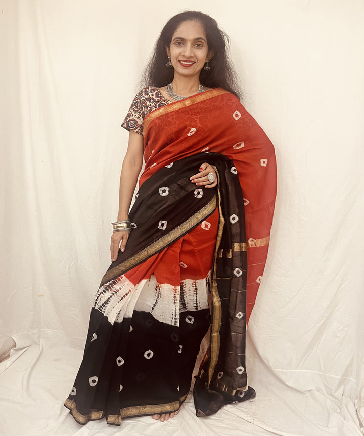 Red black hand block bandhani print maheswari sico saree