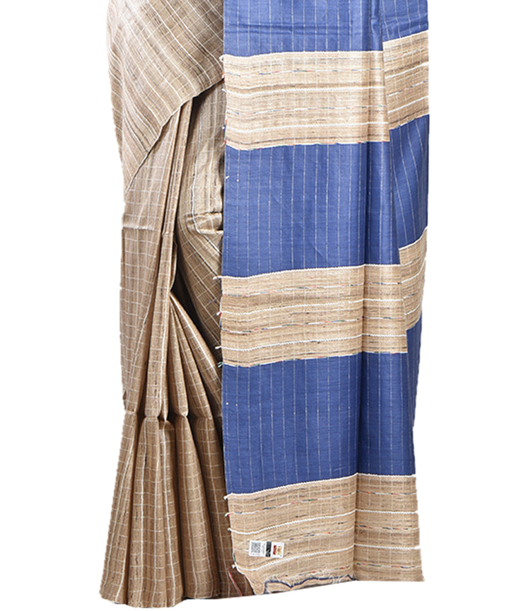Beige navy blue handwoven tussar silk saree