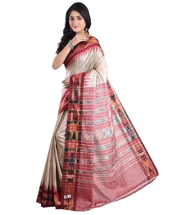 Beige red tussar silk handwoven saree