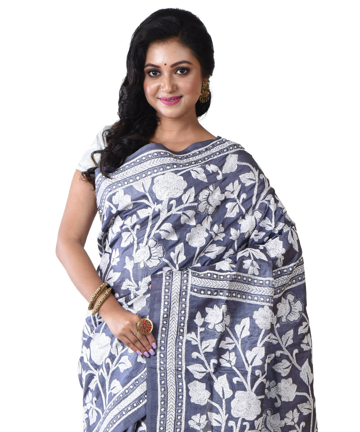 Grey white hand kantha stitched tussar silk saree