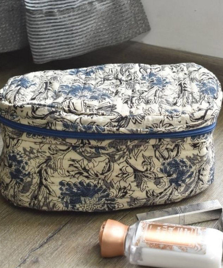 White blue crafted cotton kalamakri make up pouch