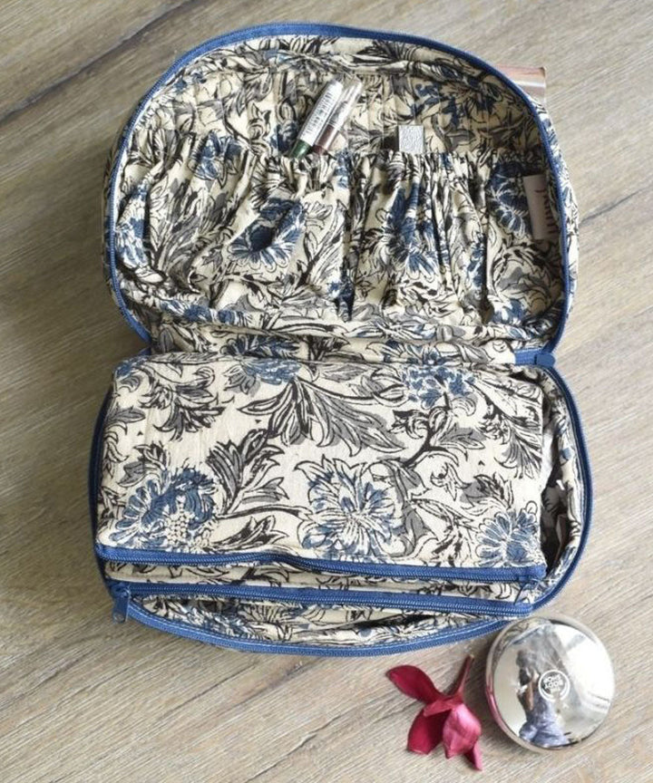 White blue crafted cotton kalamakri make up pouch