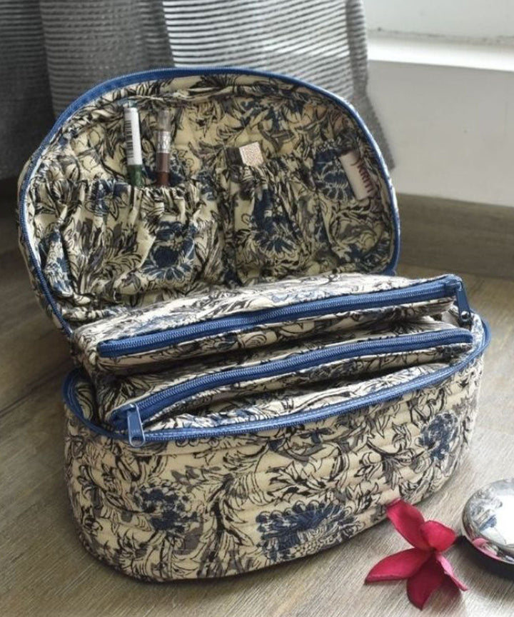 White blue crafted cotton kalamakri make up pouch