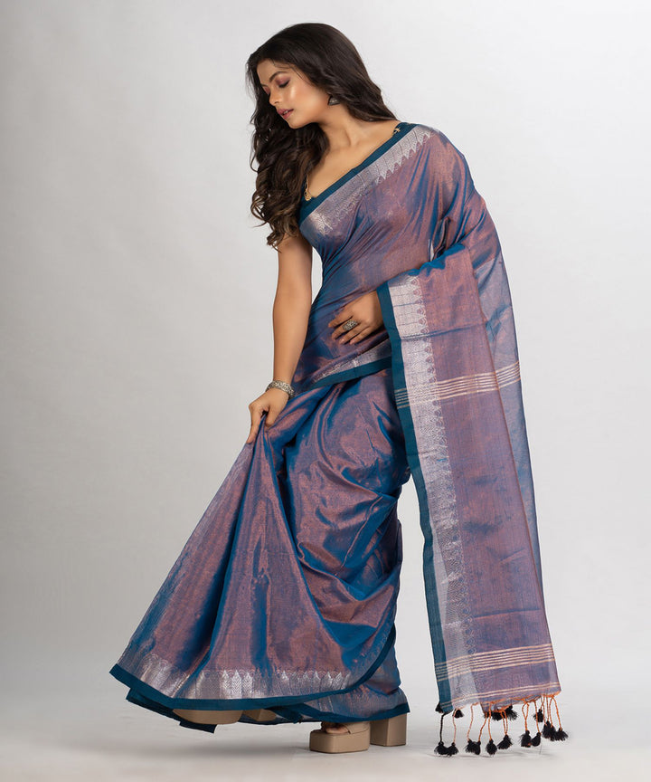 Copper blue double shaded handloom cotton tissue jacquard border saree