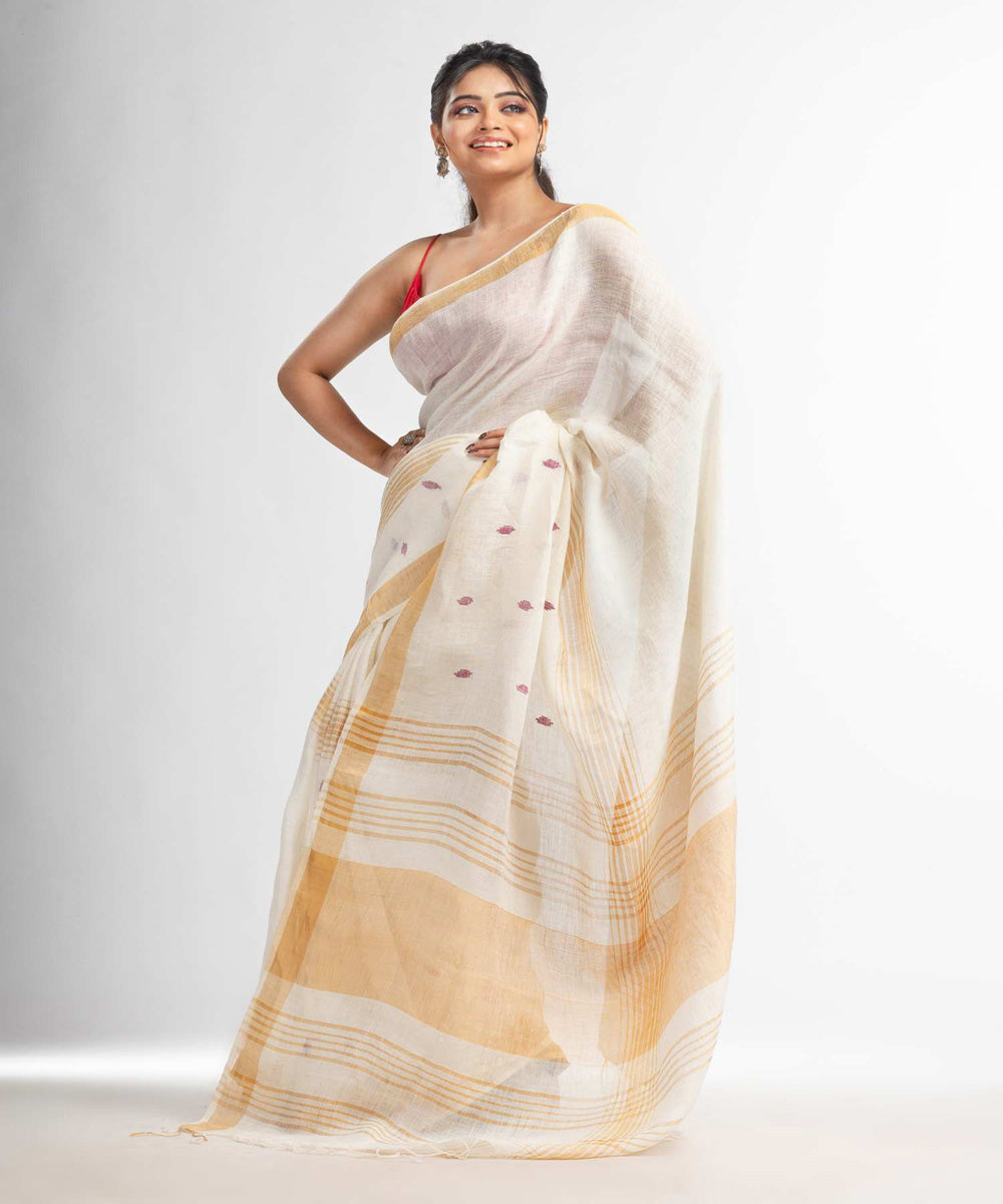 White handwoven linen bengal saree