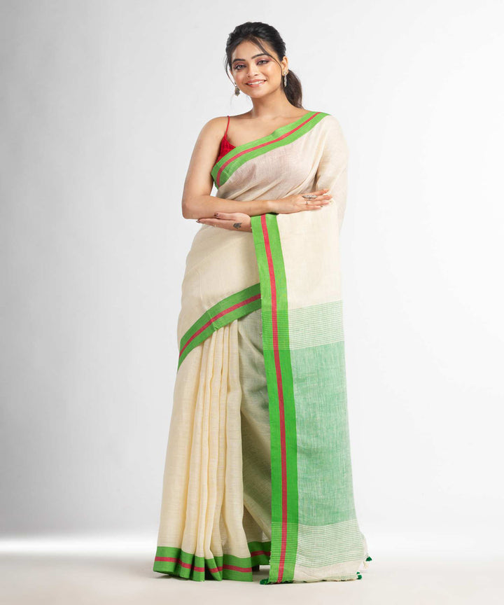 Cream green handwoven bengal linen saree