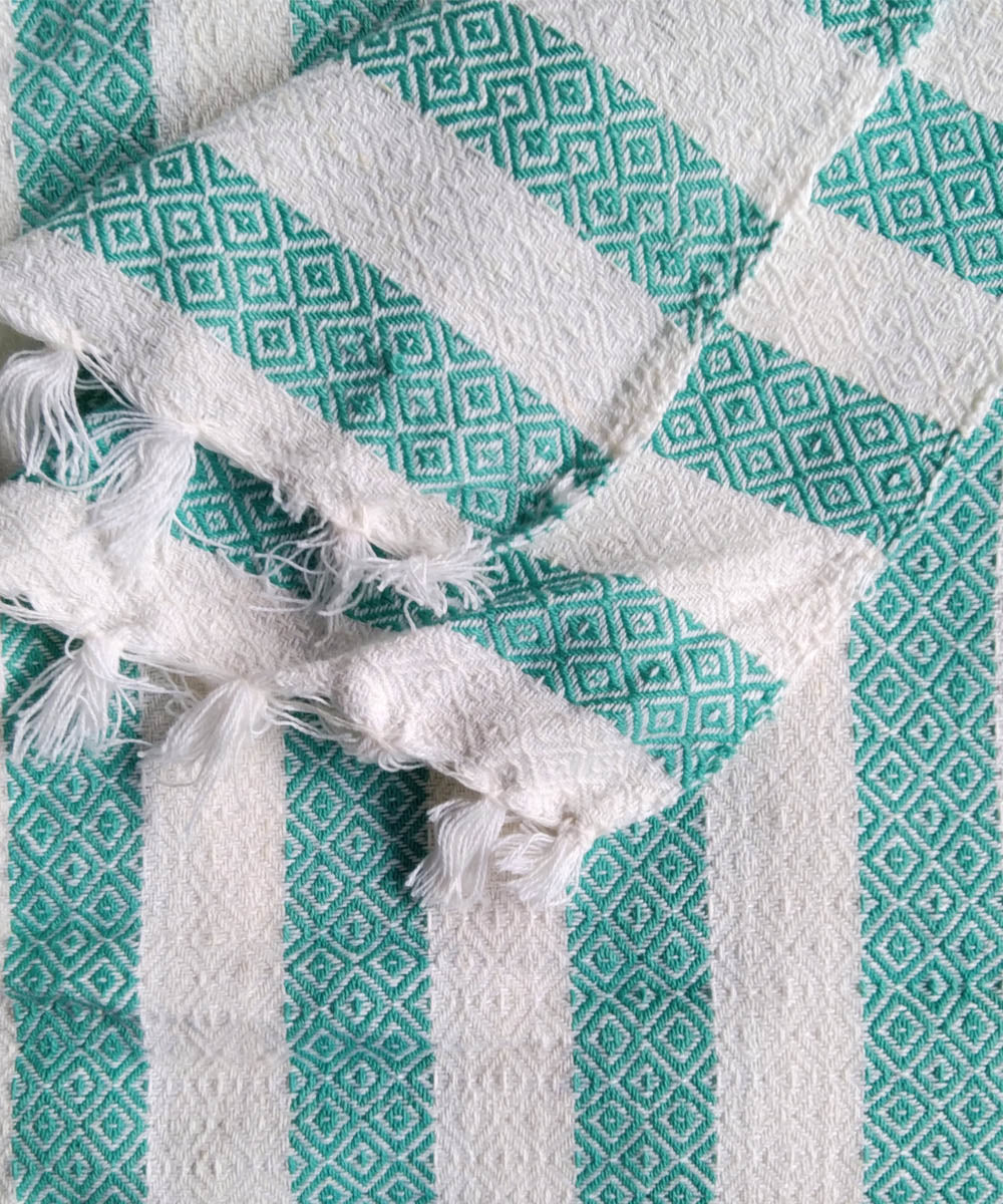 Sea green white striped handwoven cotton towel