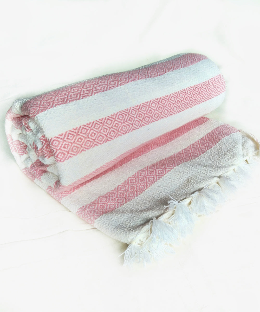 Pink white striped handwoven cotton towel