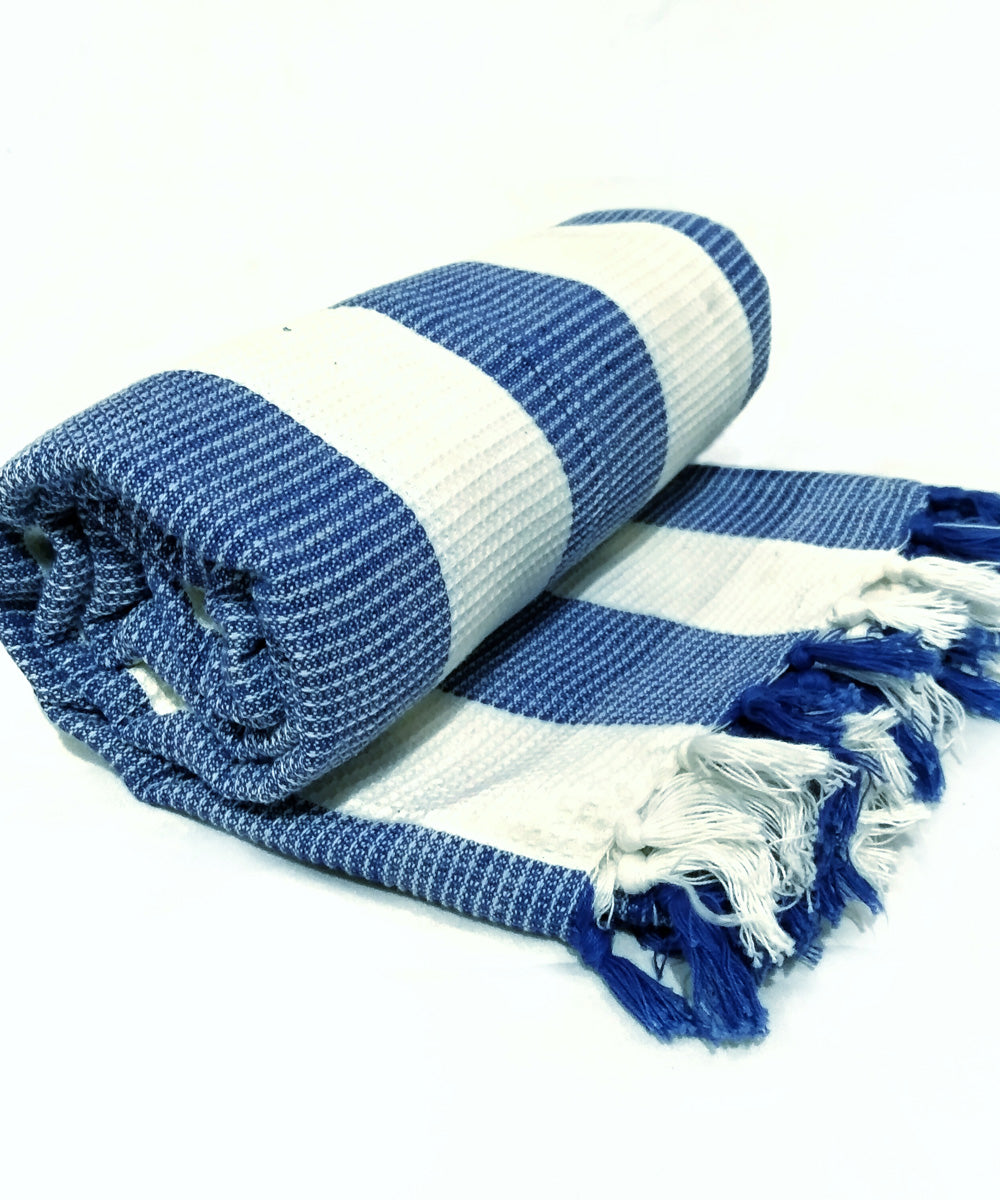 Navy blue white striped handwoven cotton towel