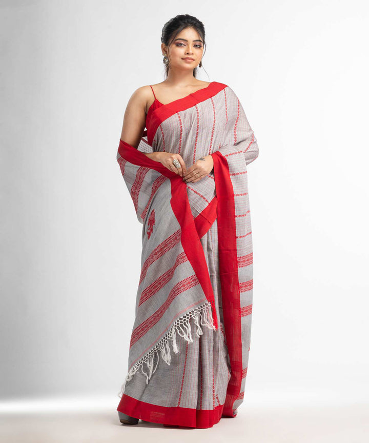 Grey red handwoven bengal cotton saree