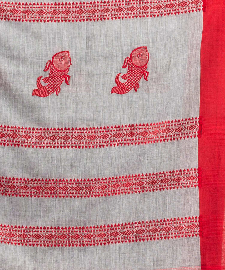 Grey red handwoven bengal cotton saree