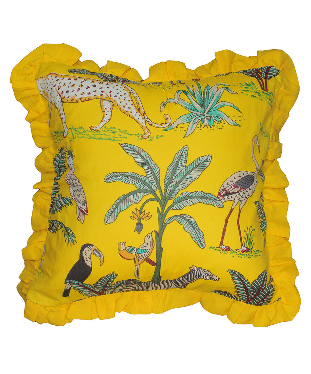 Cotton Cushion Yellow Bird Cushion Yellow Hand Printed Cotton