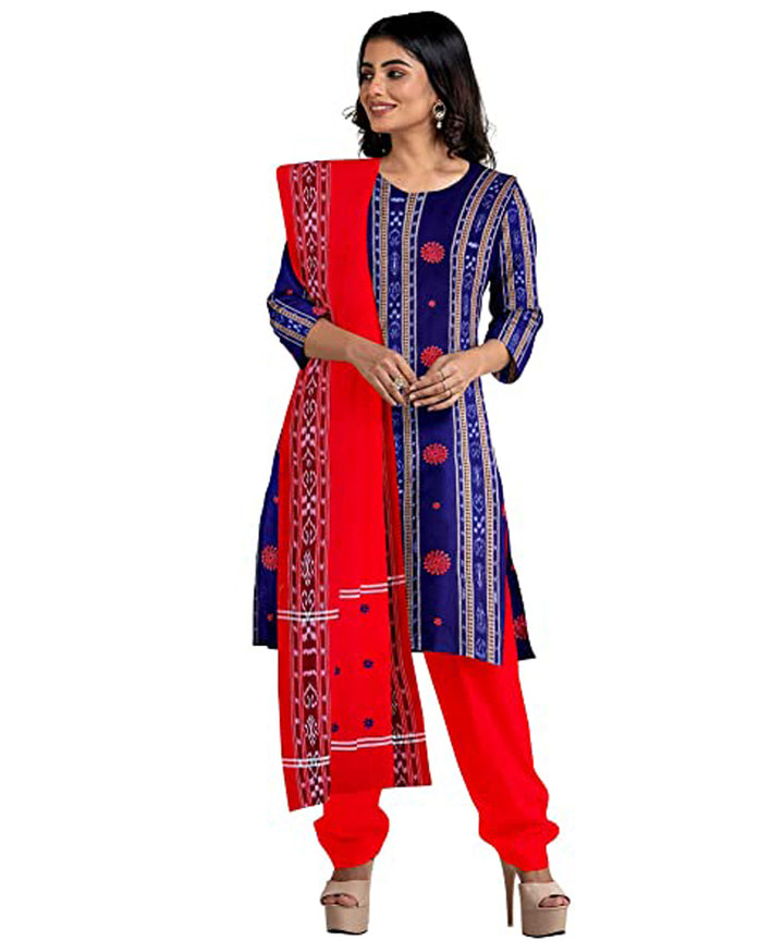 Navy blue red handwoven cotton nuapatna dress material